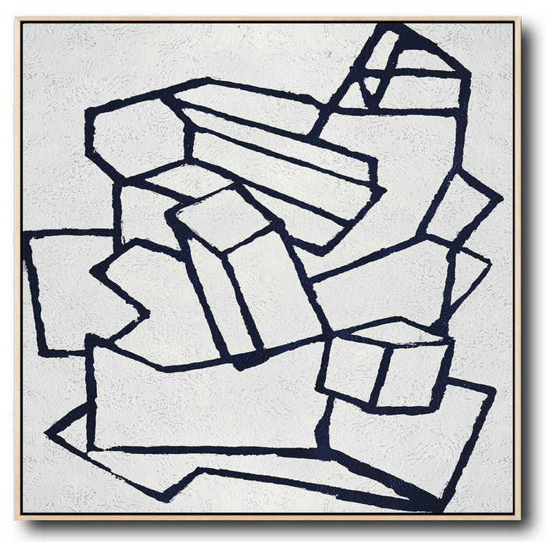 Large Abstract Art Handmade Oil Painting,Hand Painted Navy Minimalist Painting On Canvas,Hand Painted Acrylic Painting